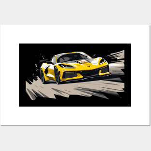 Accelerate Yellow Corvette C8 racecar on a race track Supercar Sports car Racing car Posters and Art